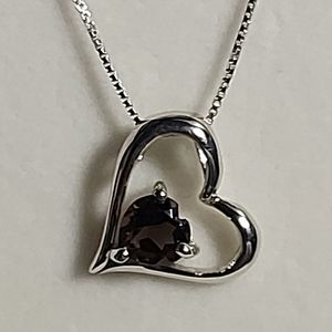 SMOKY QUARTZ HEART PENDANT NECKLACE 925SS